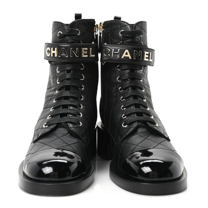 Chanel Lambskin Patent Calfskin Quilted Logo Lace Up Combat Boots 39.5 Black 3 of 10