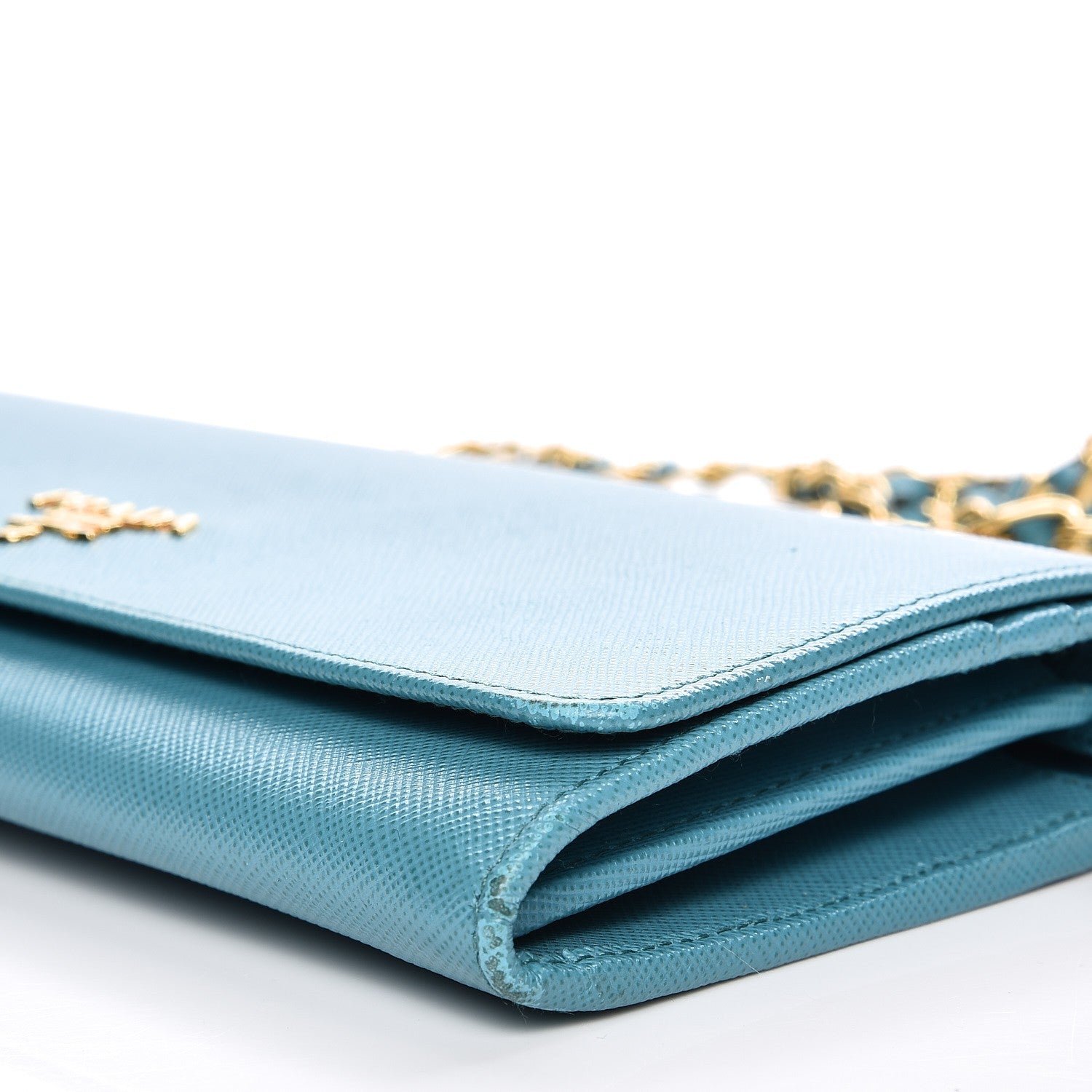 Prada Saffiano Metal Oro Chain Wallet Turchese 9 of 10