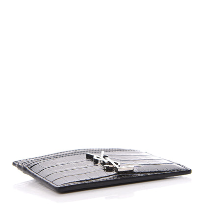 Saint Laurent Calfskin Crocodile Embossed Monogram Credit Card Case Black 4 of 8
