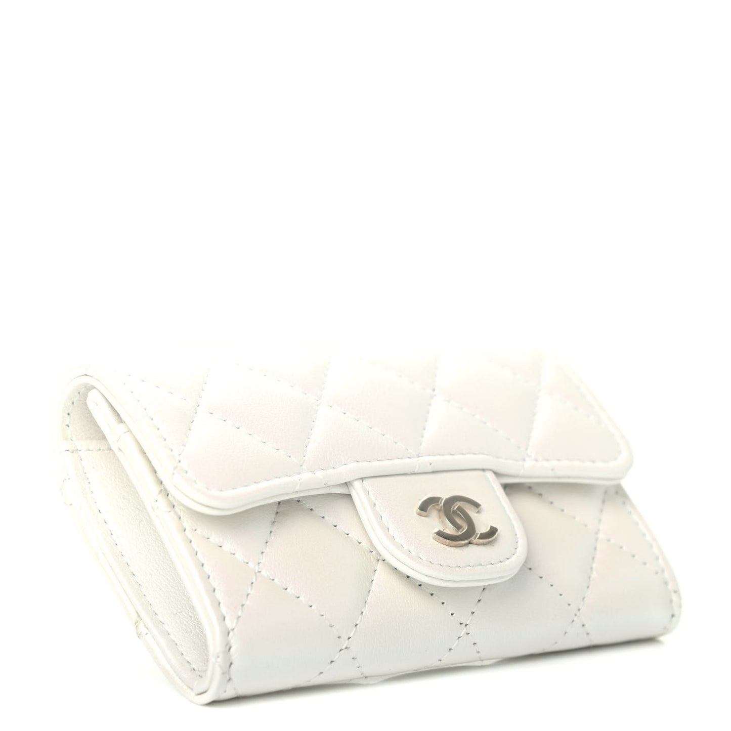 Iridescent Lambskin Quilted Flap Card Holder Wallet Ivory