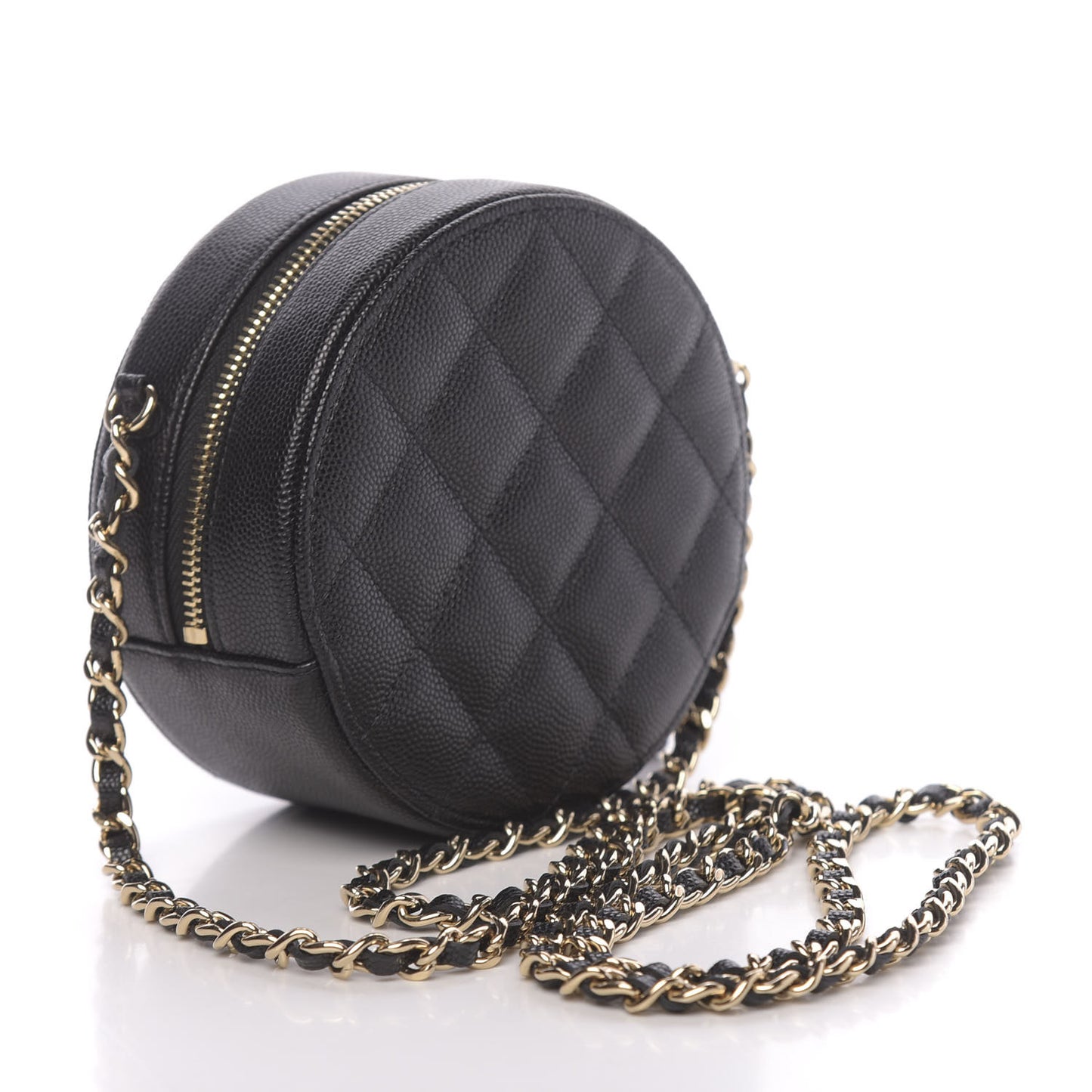 Caviar Quilted Round Clutch With Chain Black