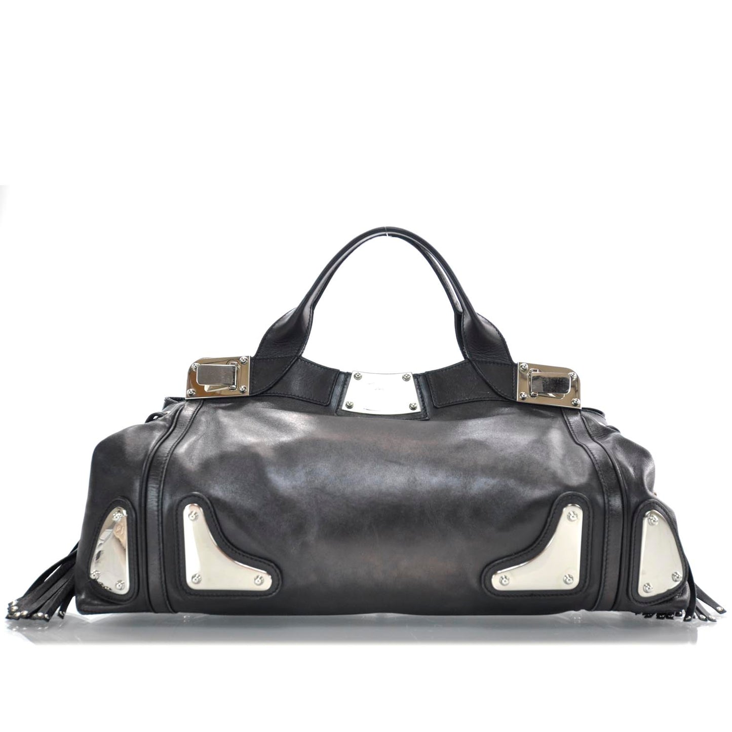 Leather Bamboo Tassel Race Tote Black