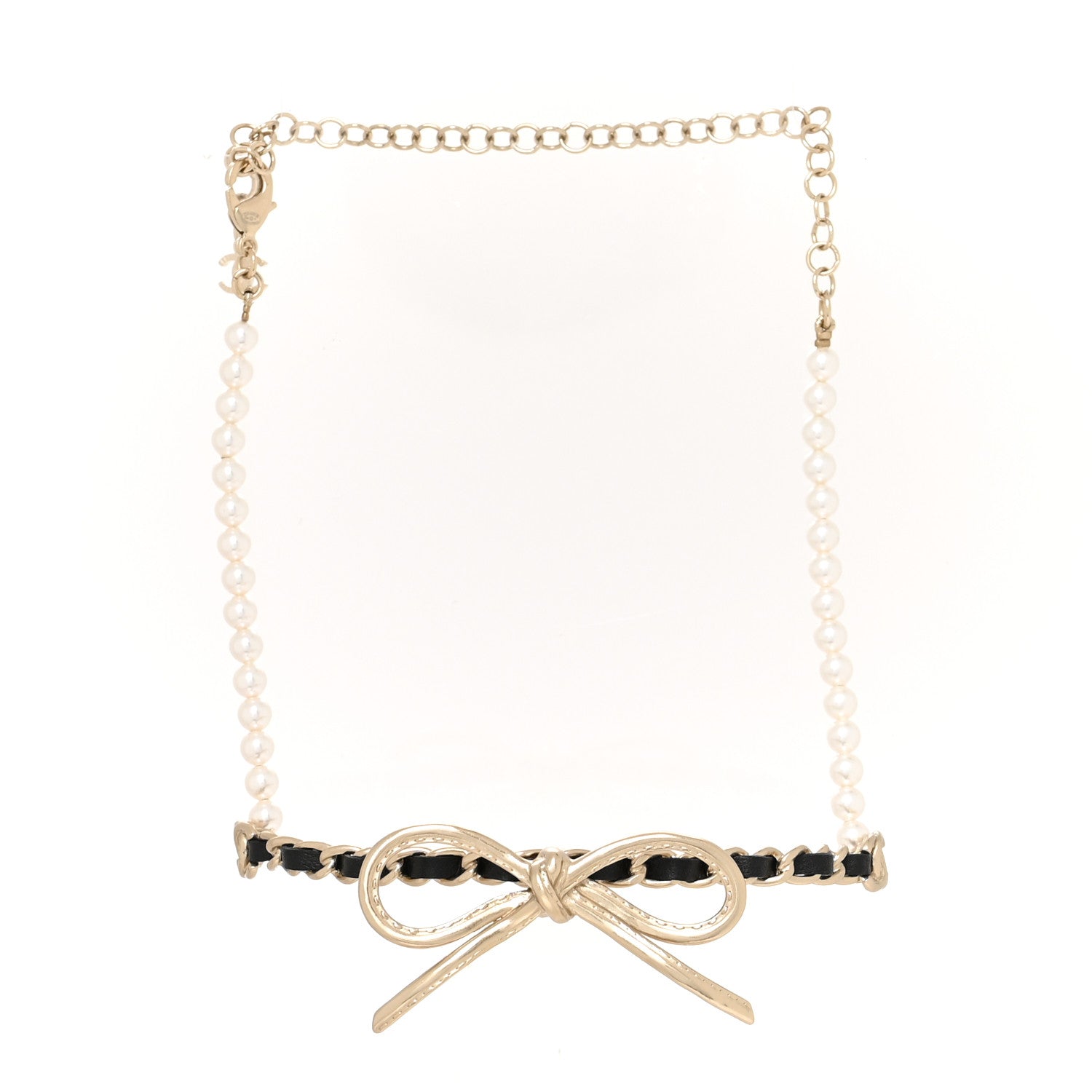 Chanel Calfskin Pearl Metal CC Bow Choker Necklace Gold White Black 1 of 5
