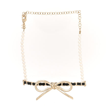 Chanel Calfskin Pearl Metal CC Bow Choker Necklace Gold White Black 1 of 5