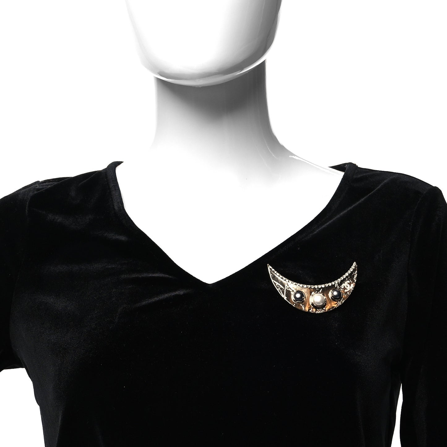 Crystal Pearl Papyrus CC Moon Brooch Gold