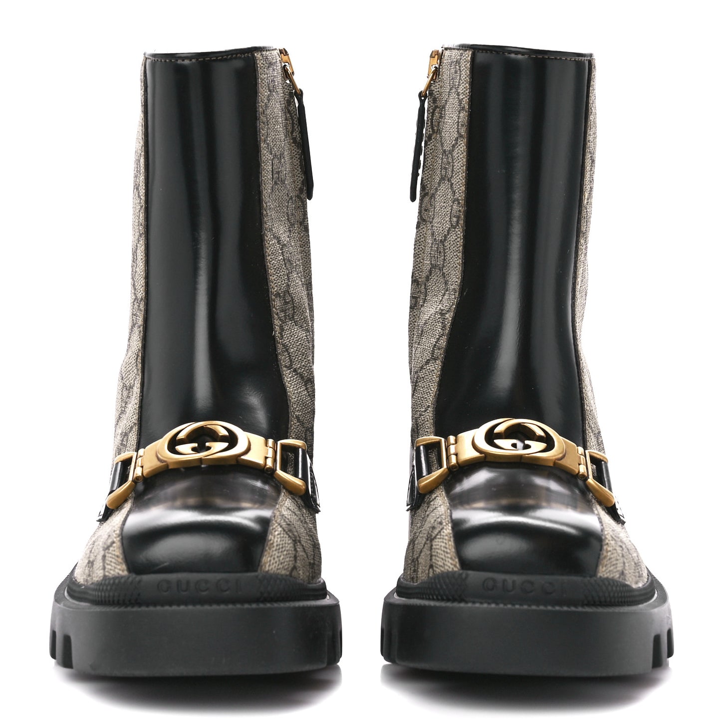 GG Supreme Monogram Magnum Calfskin Interlocking G Womens Lug Sole Ankle Boots 35.5 Beige Ebony Black