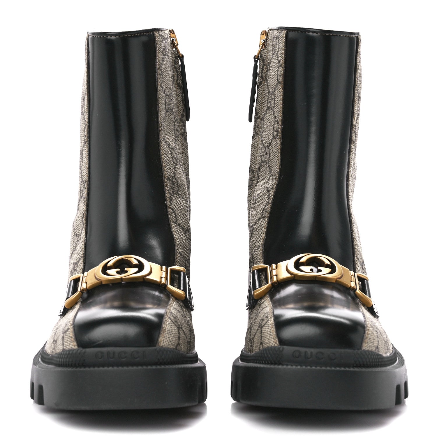 Gucci GG Supreme Monogram Magnum Calfskin Interlocking G Womens Lug Sole Ankle Boots 35.5 Beige Ebony Black 2 of 10