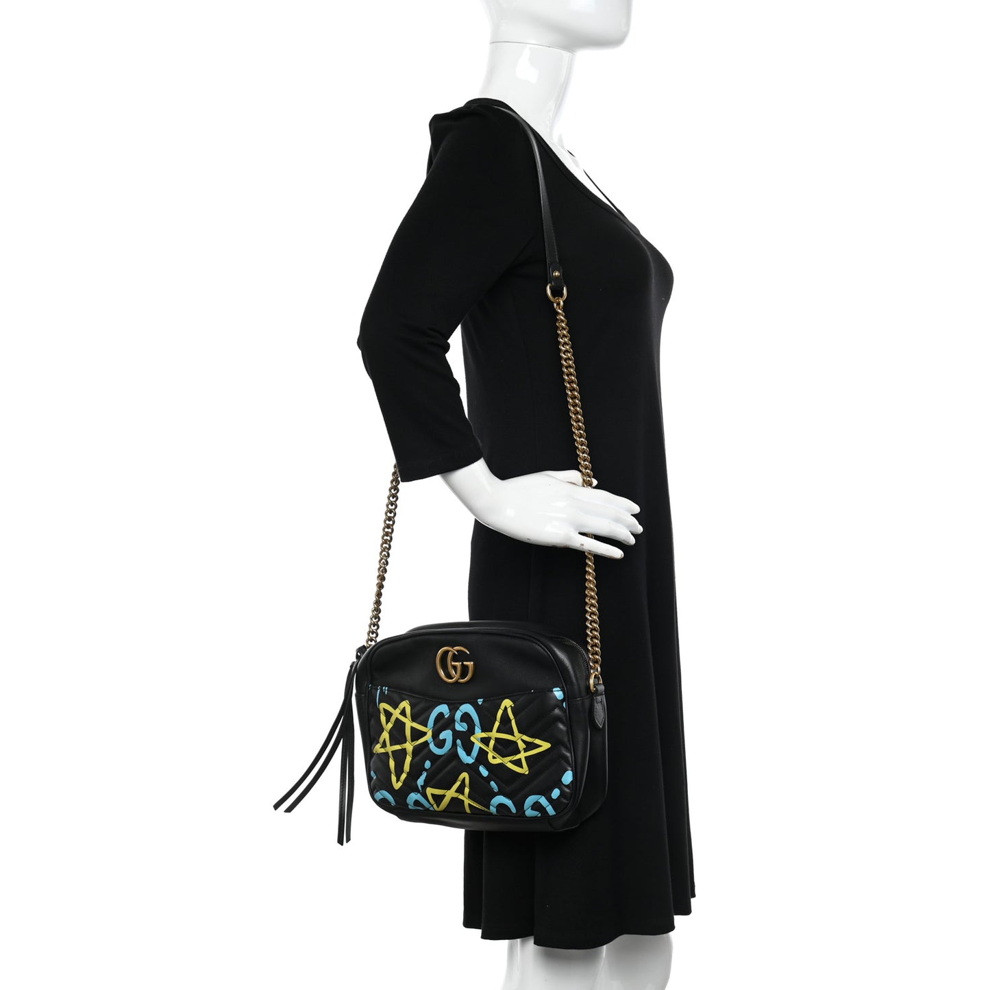 Calfskin Matelasse GucciGhost Medium GG Marmont Chain Shoulder Bag Black New Acquamarine