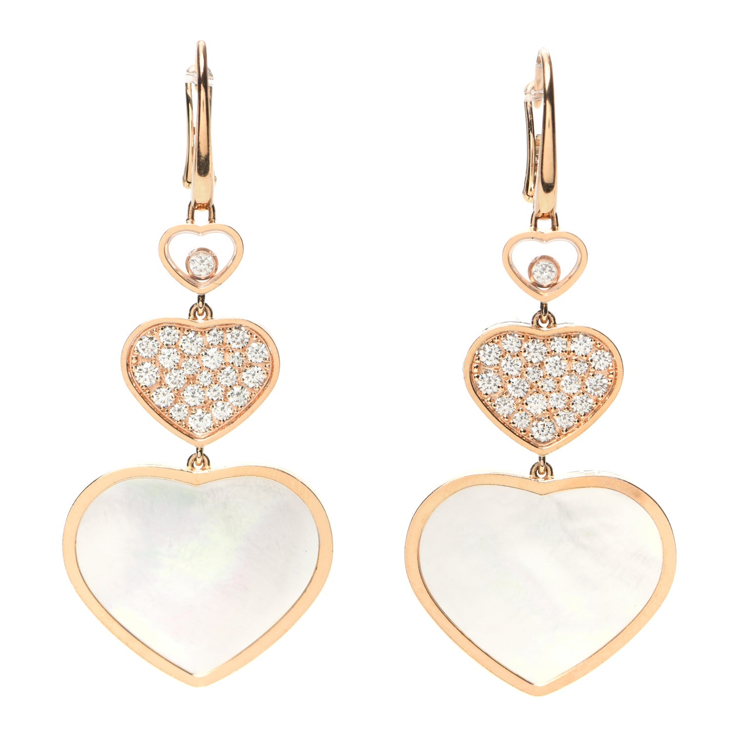 18K Rose Gold Diamond Mother of Pearl Happy Hearts Drop Earrings