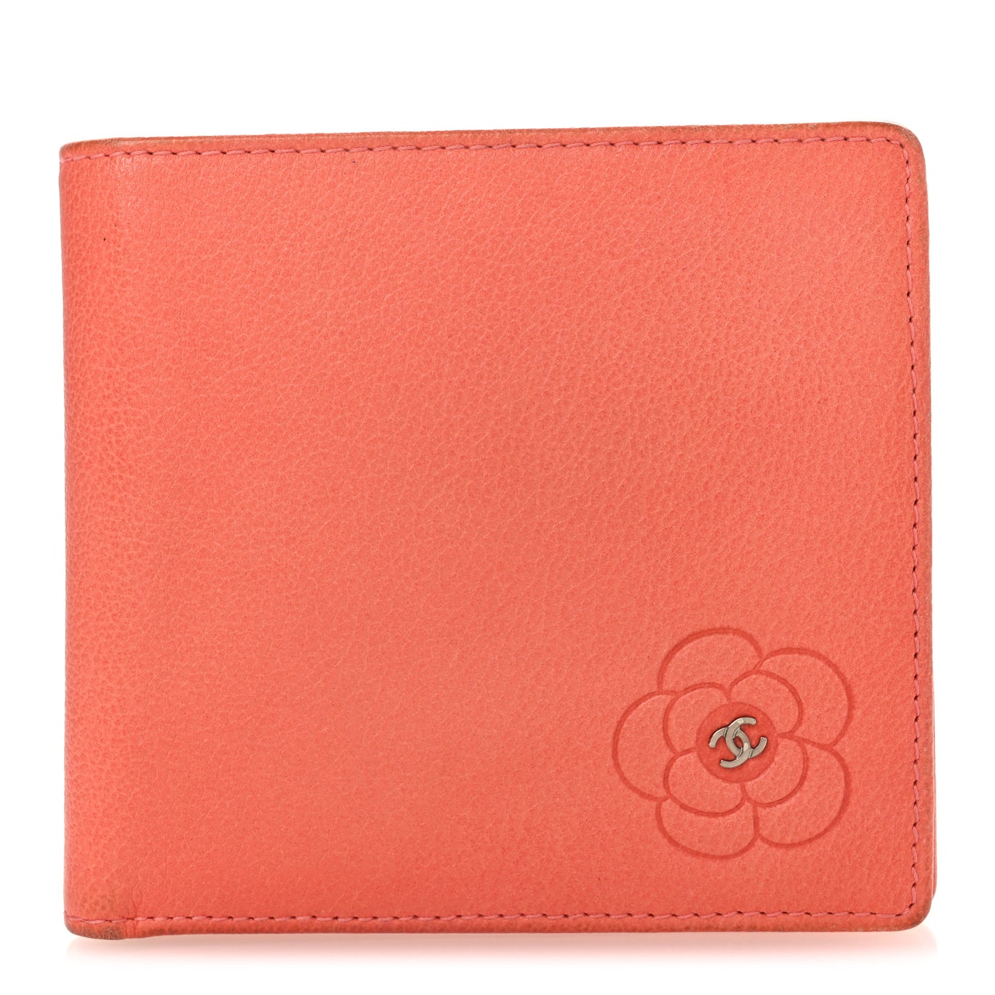 Goatskin Camellia Bi-Fold Wallet Coral