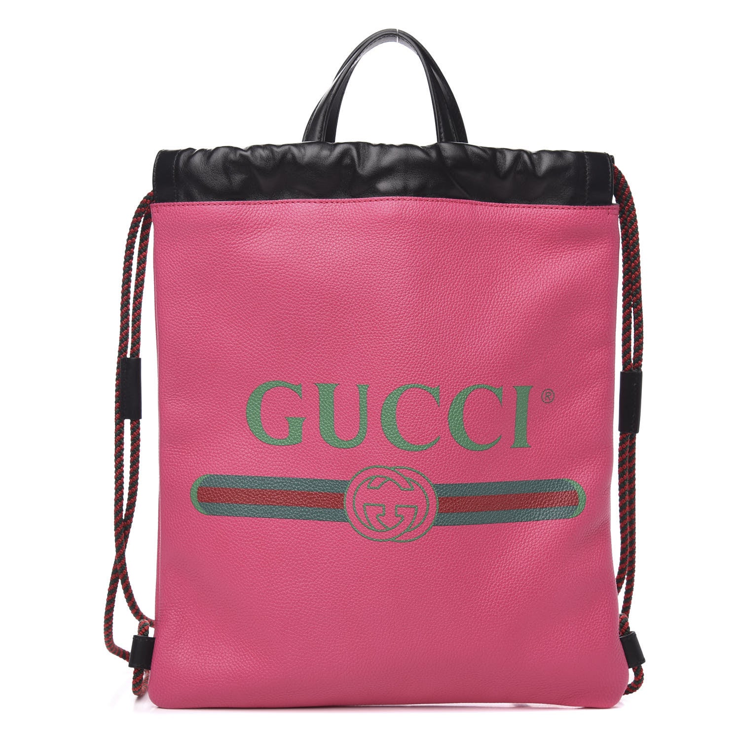 Gucci Grained Calfskin Logo Drawstring Backpack Box Pink Green Black 1 of 9