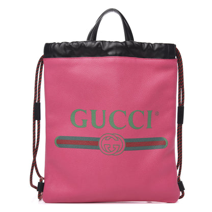 Gucci Grained Calfskin Logo Drawstring Backpack Box Pink Green Black 1 of 9