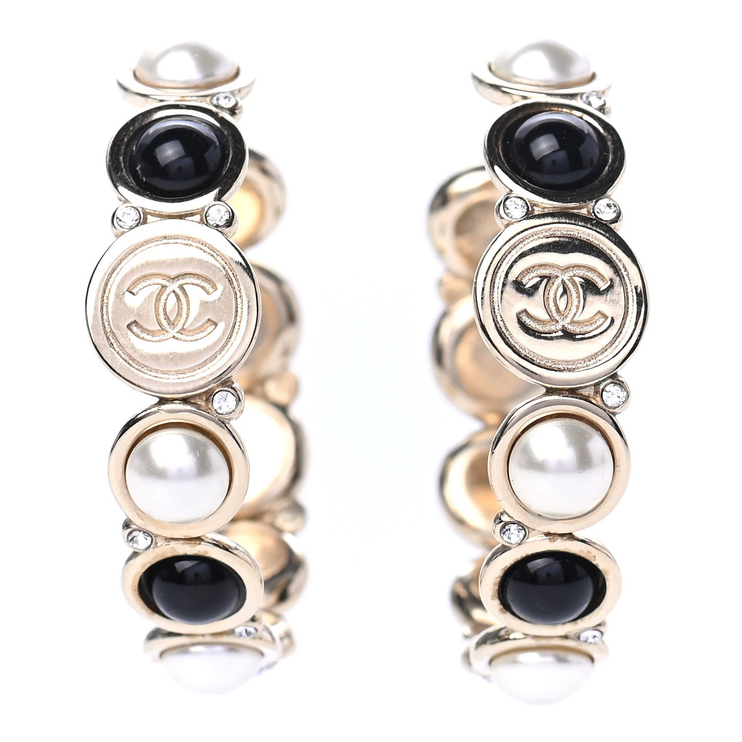 Chanel Crystal Pearl Metal Resin Polka Dot Hoop Earrings Gold Black 1 of 4