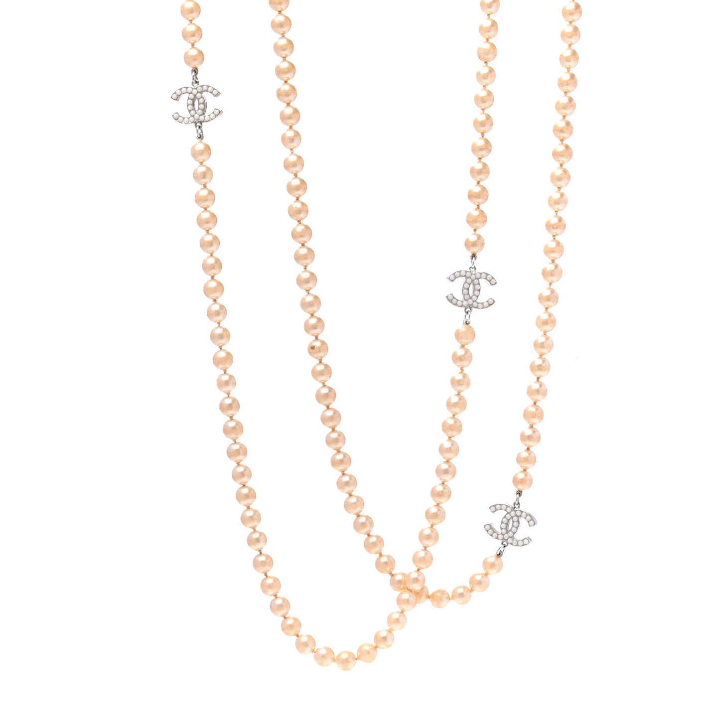 Crystal Pearl CC Long Necklace Silver