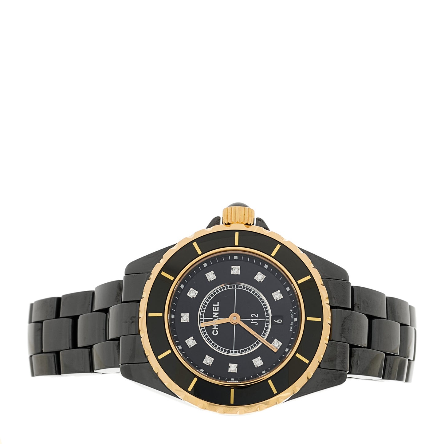 Stainless Steel 18K Yellow Gold Ceramic Diamond 33mm J12 Quartz Watch Black