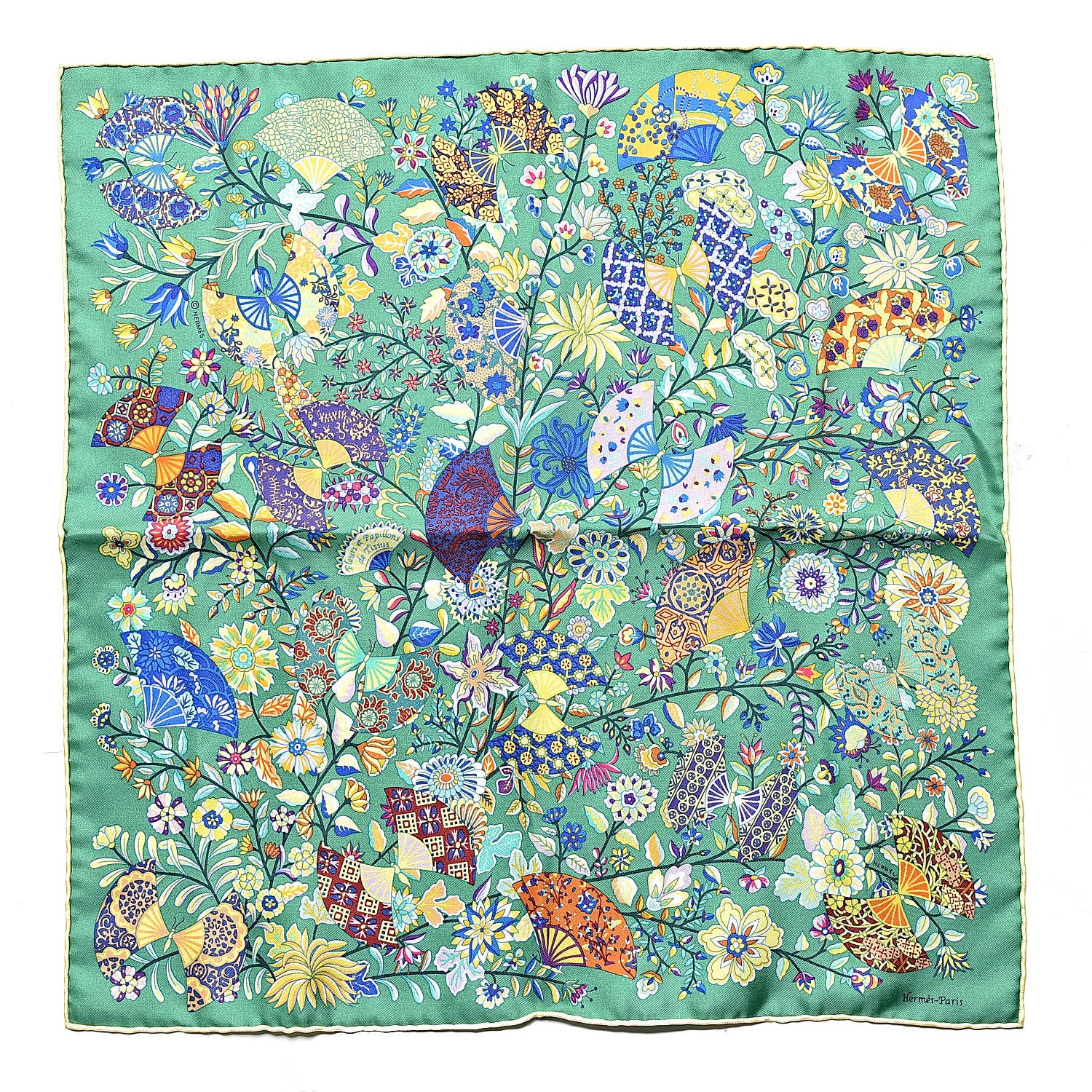 Hermes Cashmere Silk Fleurs et Papillons de Tissus Pocket Square Vert Violet Juane 1 of 7