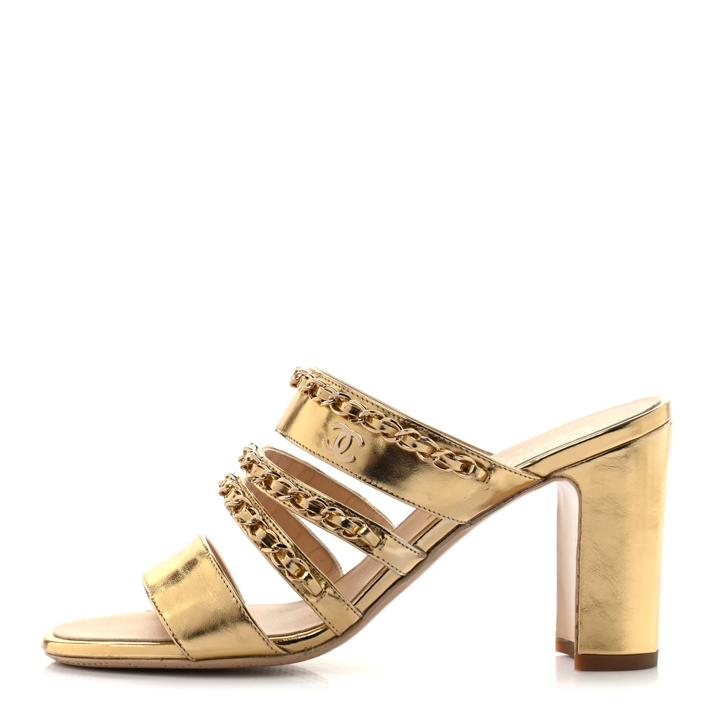 Laminated Lambskin Chain CC Mule Sandals 36 Gold
