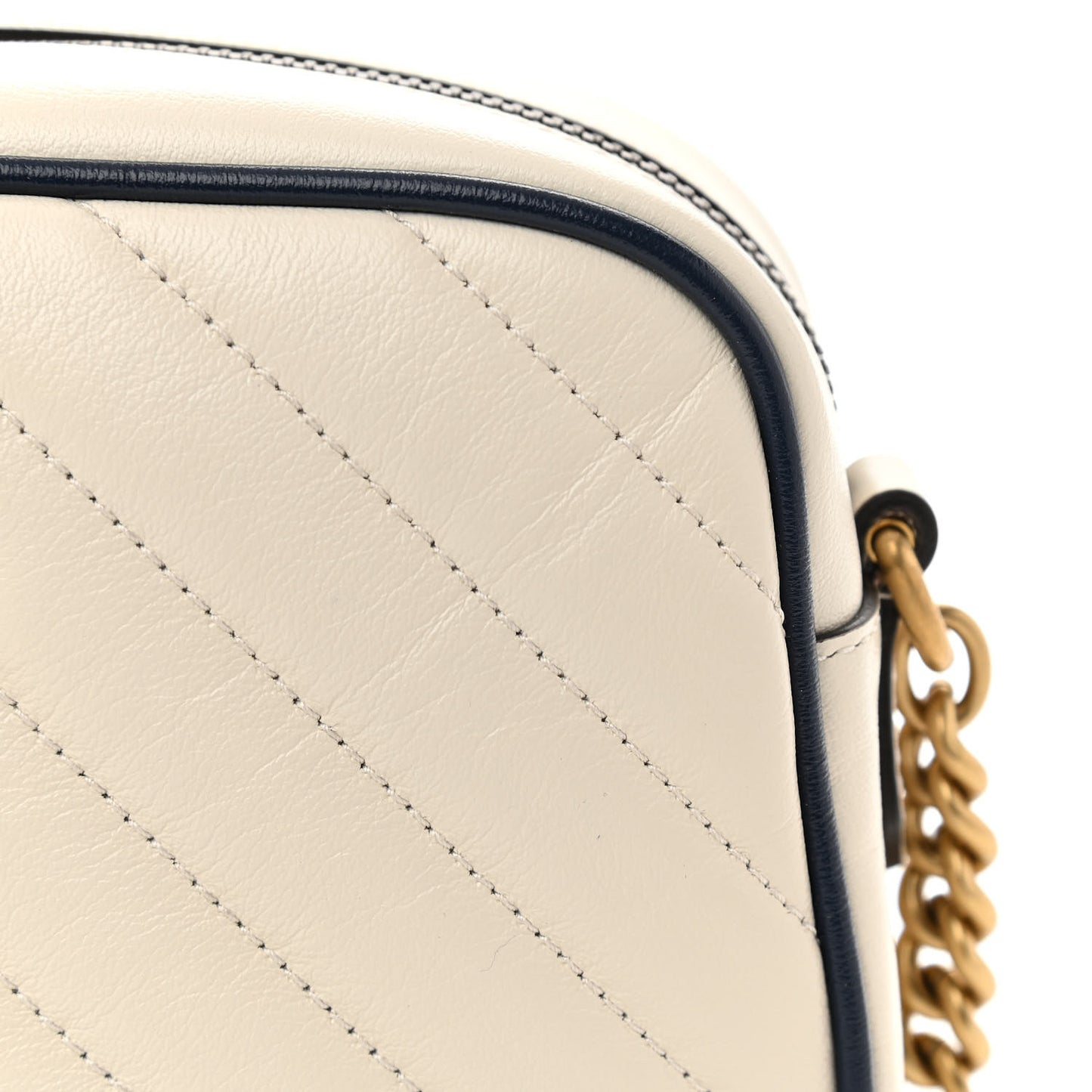 Vintage Effect Calfskin Matelasse Diagonal Small Torchon GG Marmont Chain Shoulder Bag Mystic White Blue Agata