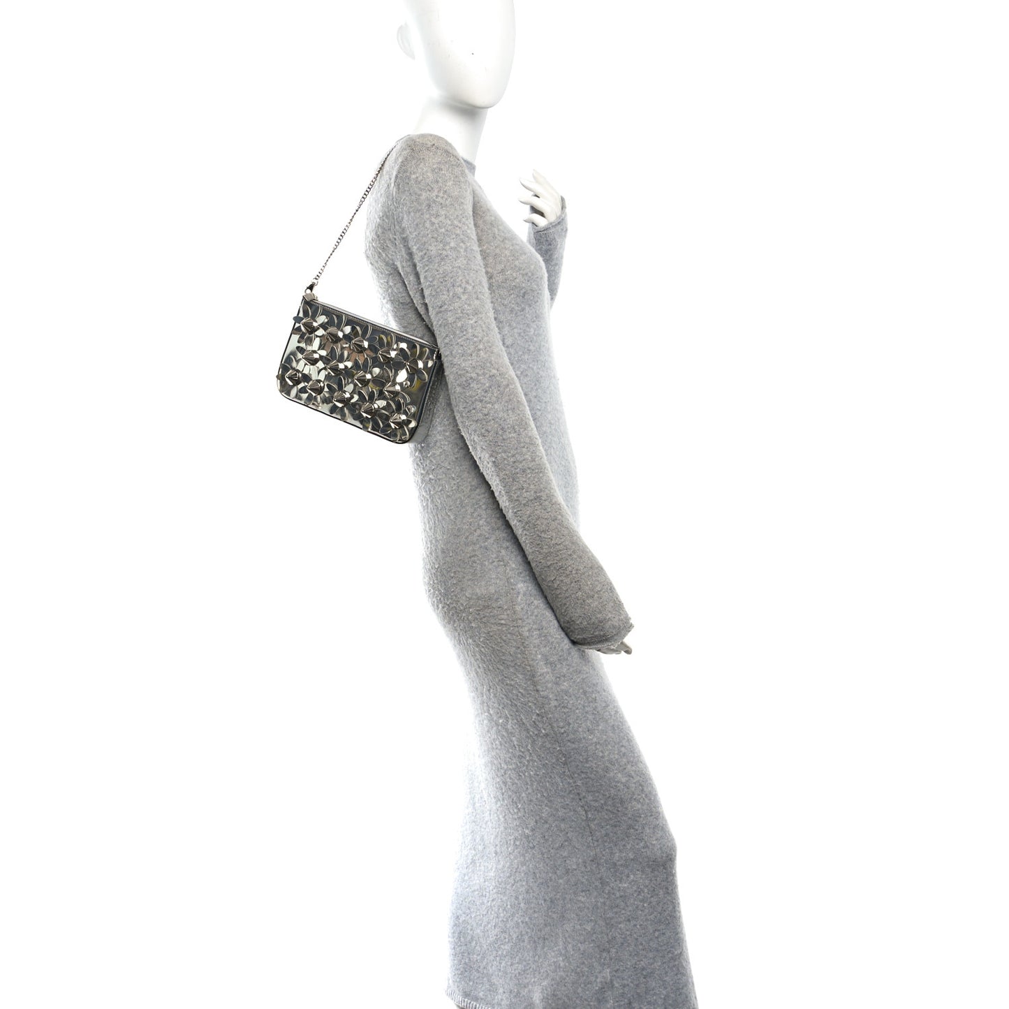 Metallic Patent Calfskin Flower Loubila Chain Clutch Silver
