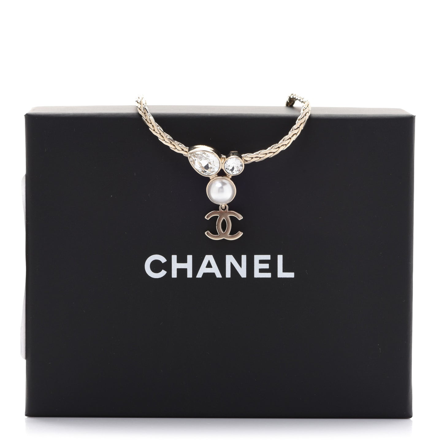 Pearl Crystal CC Teardrop Braided Necklace Gold