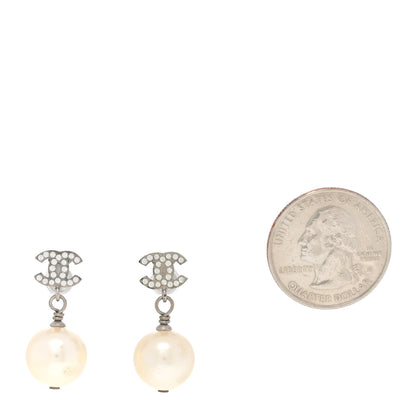 Chanel Crystal Pearl CC Drop Earrings Silver Pearly White 2 of 7