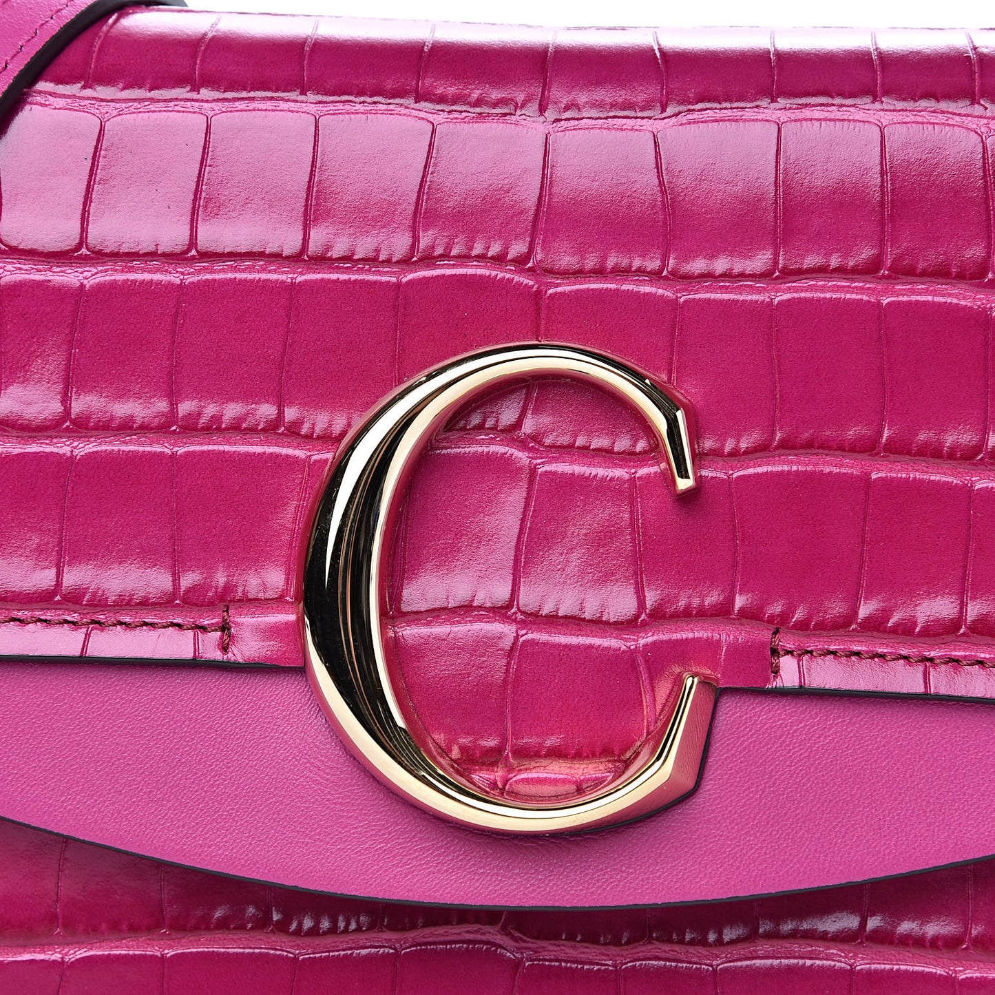 Calfskin Crocodile Embossed C Clutch With Chain Graphic Pink