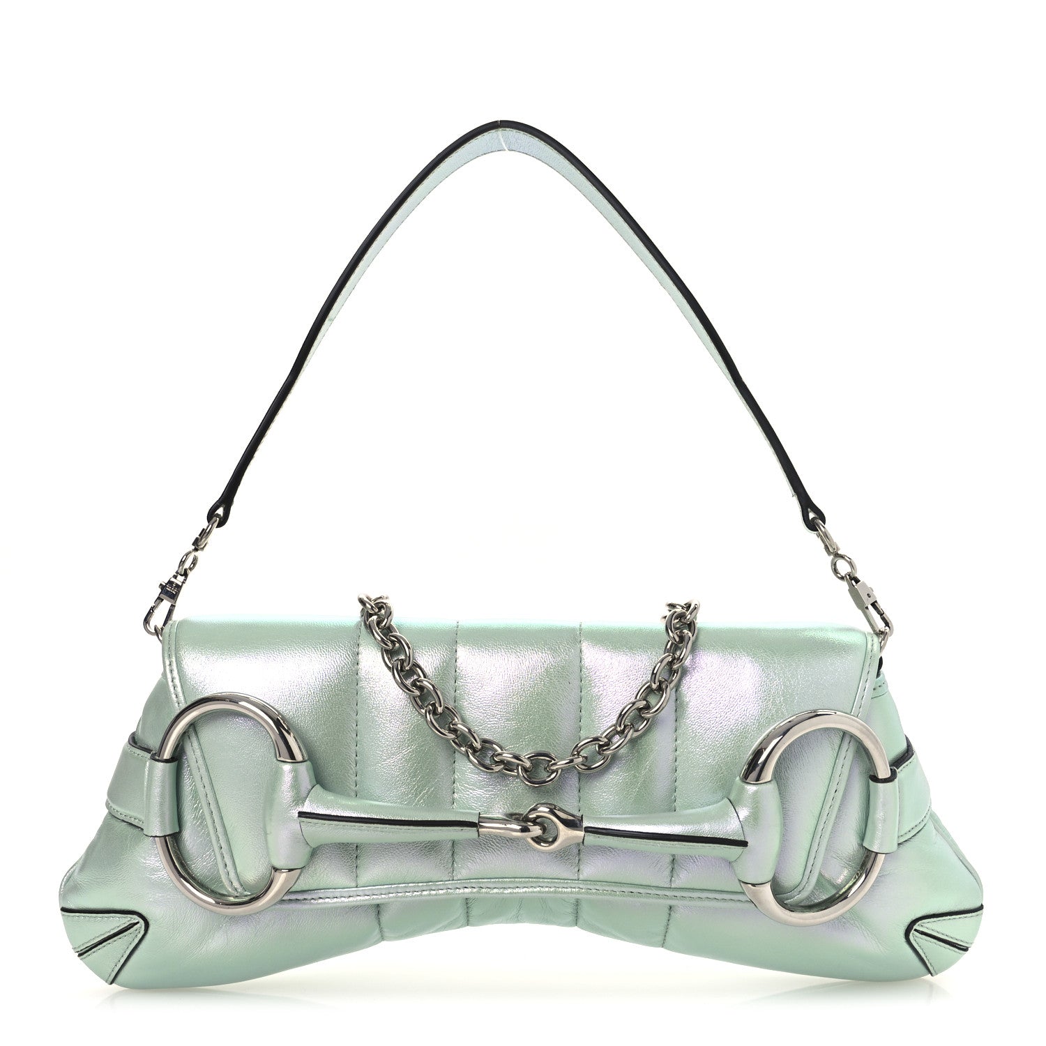 Gucci Iridescent Nappa Vertical Matelasse Medium Maxi Horsebit Chain Shoulder Bag Iridescent Salvy Green 1 of 10