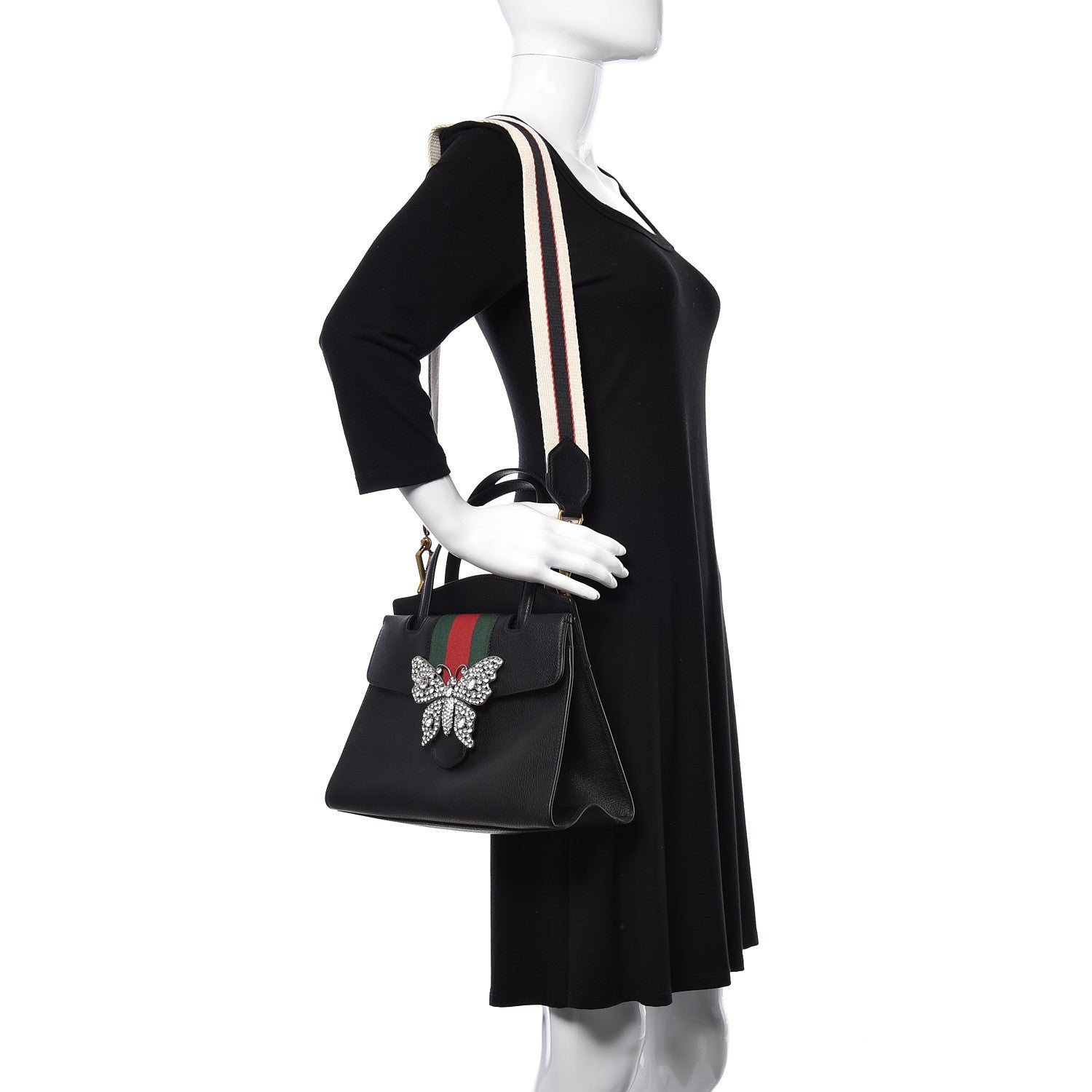 Gucci Grained Calfskin Web Crystal Butterfly Stripe Medium Totem Top Handle Bag Black 2 of 11