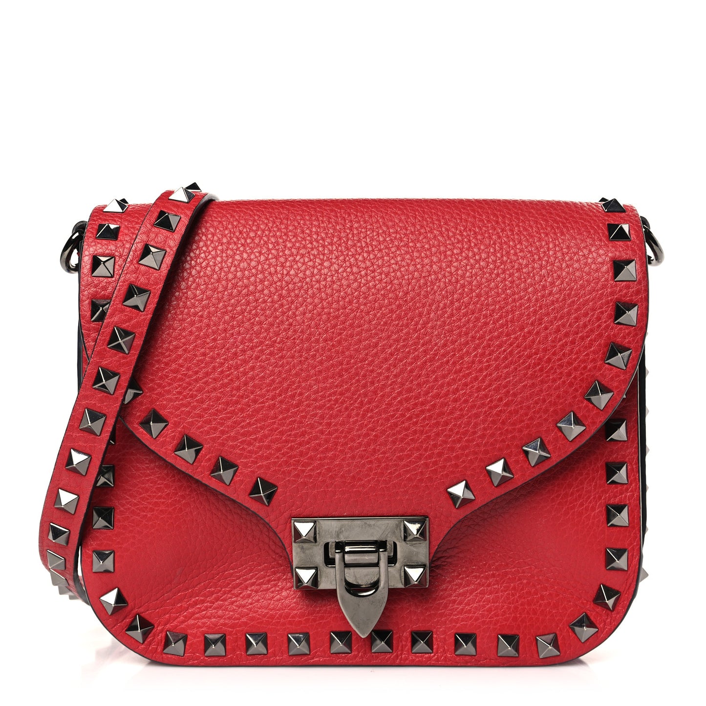 Pebbled Calfskin Rockstud Shoulder Flap Messenger Bag Rosso
