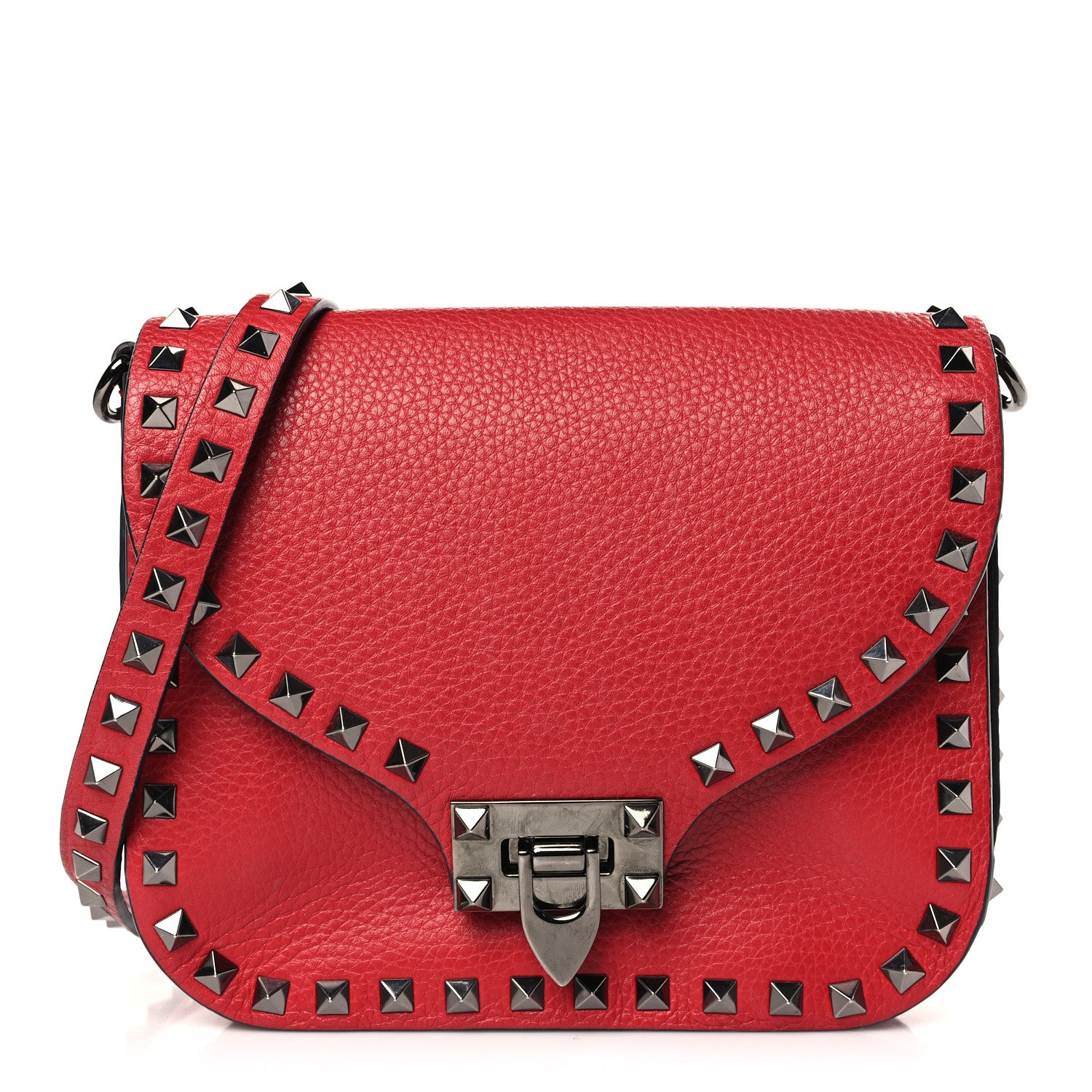 Valentino Garavani Pebbled Calfskin Rockstud Shoulder Flap Messenger Bag Rosso 1 of 8