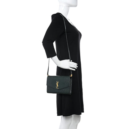 Saint Laurent Calfskin Crocodile Embossed Monogram Mini Uptown Crossbody Dark Mint 2 of 10