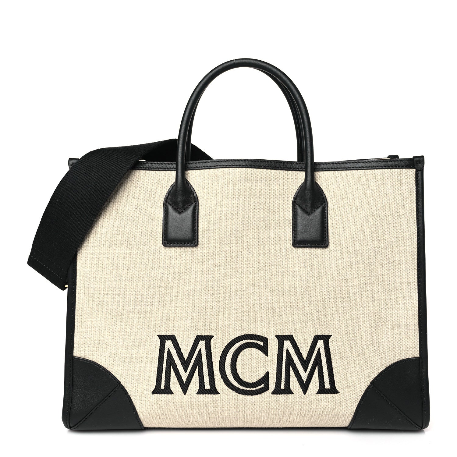 MCM Calfskin Linen Large Munchen Tote Black 3 of 10