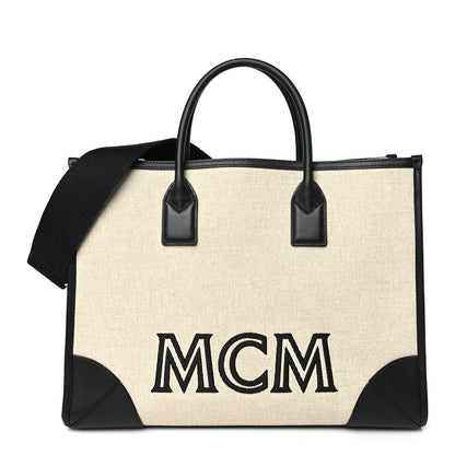 MCM Calfskin Linen Large Munchen Tote Black 3 of 10