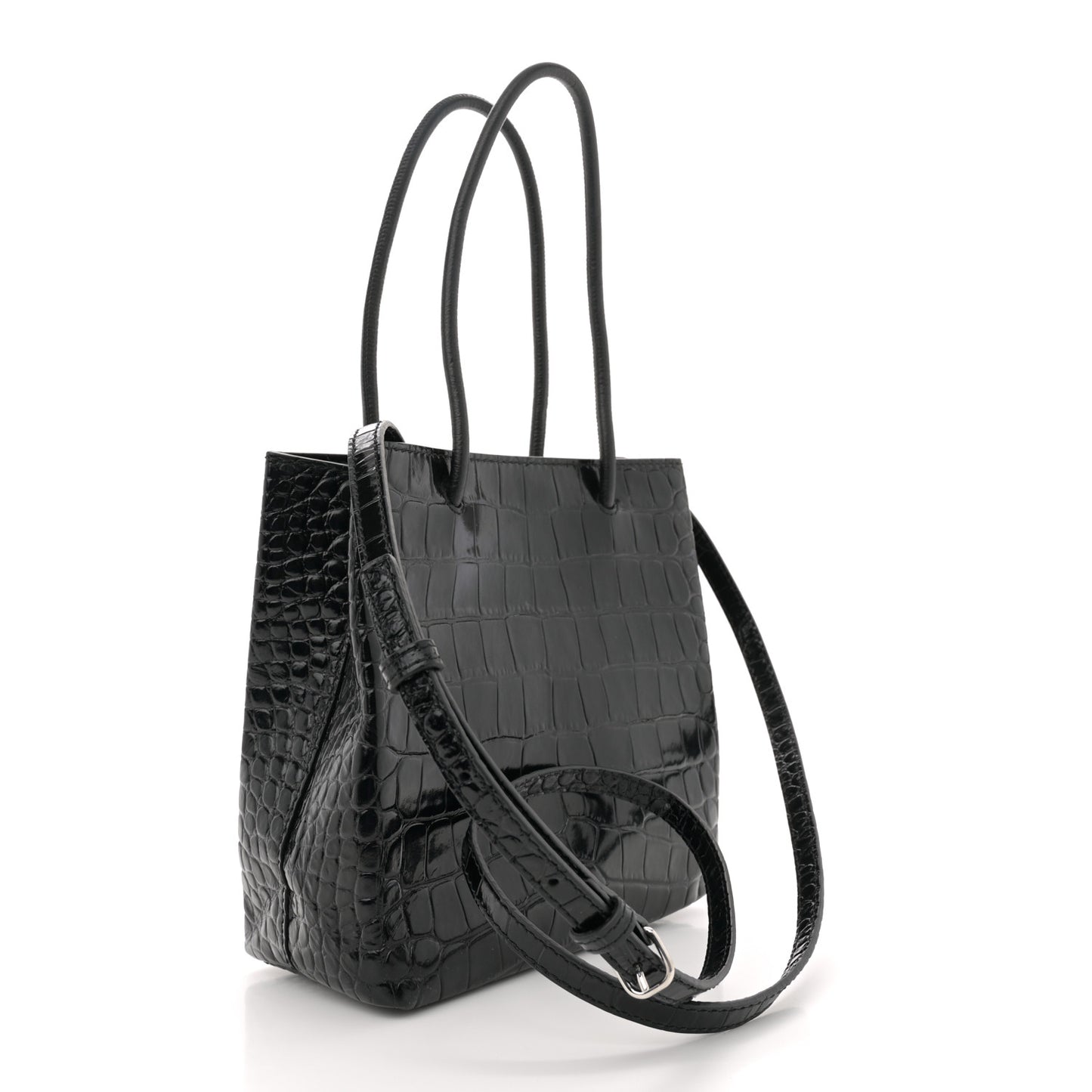 Shiny Calfskin Logo Crocodile Embossed North South Shopper Tote XXS Black White