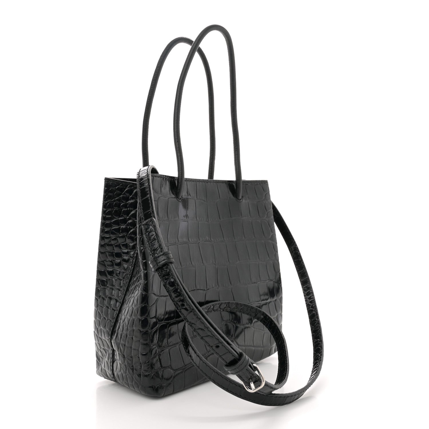 Balenciaga Shiny Calfskin Logo Crocodile Embossed North South Shopper Tote XXS Black White 3 of 10