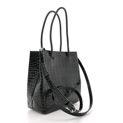 Balenciaga Shiny Calfskin Logo Crocodile Embossed North South Shopper Tote XXS Black White 3 of 10