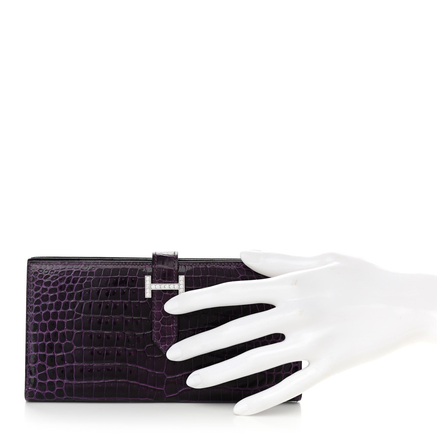 Hermes Shiny Porosus Crocodile 18K Gold Diamond Bearn Wallet Amethyst 2 of 8