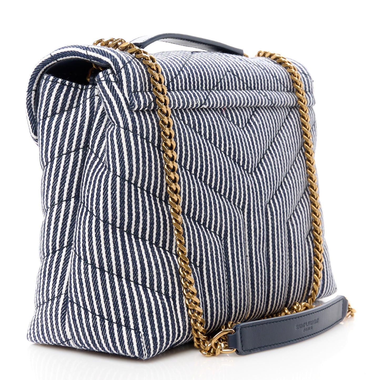 Striped Denim Y Quilted Monogram Small Loulou Chain Satchel Marine Vintage White