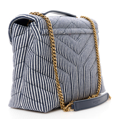 Saint Laurent Striped Denim Y Quilted Monogram Small Loulou Chain Satchel Marine Vintage White 3 of 12