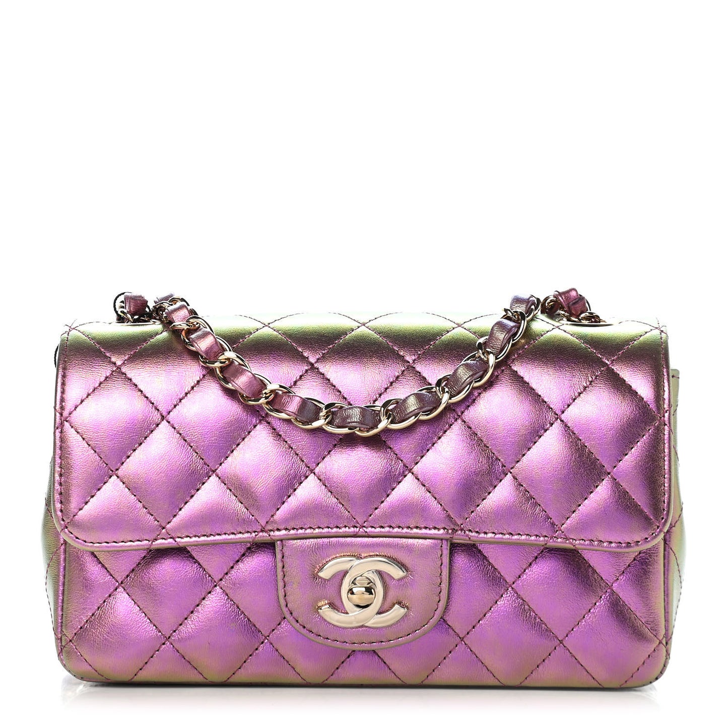 Iridescent Lambskin Quilted Mini Rectangular Flap Purple