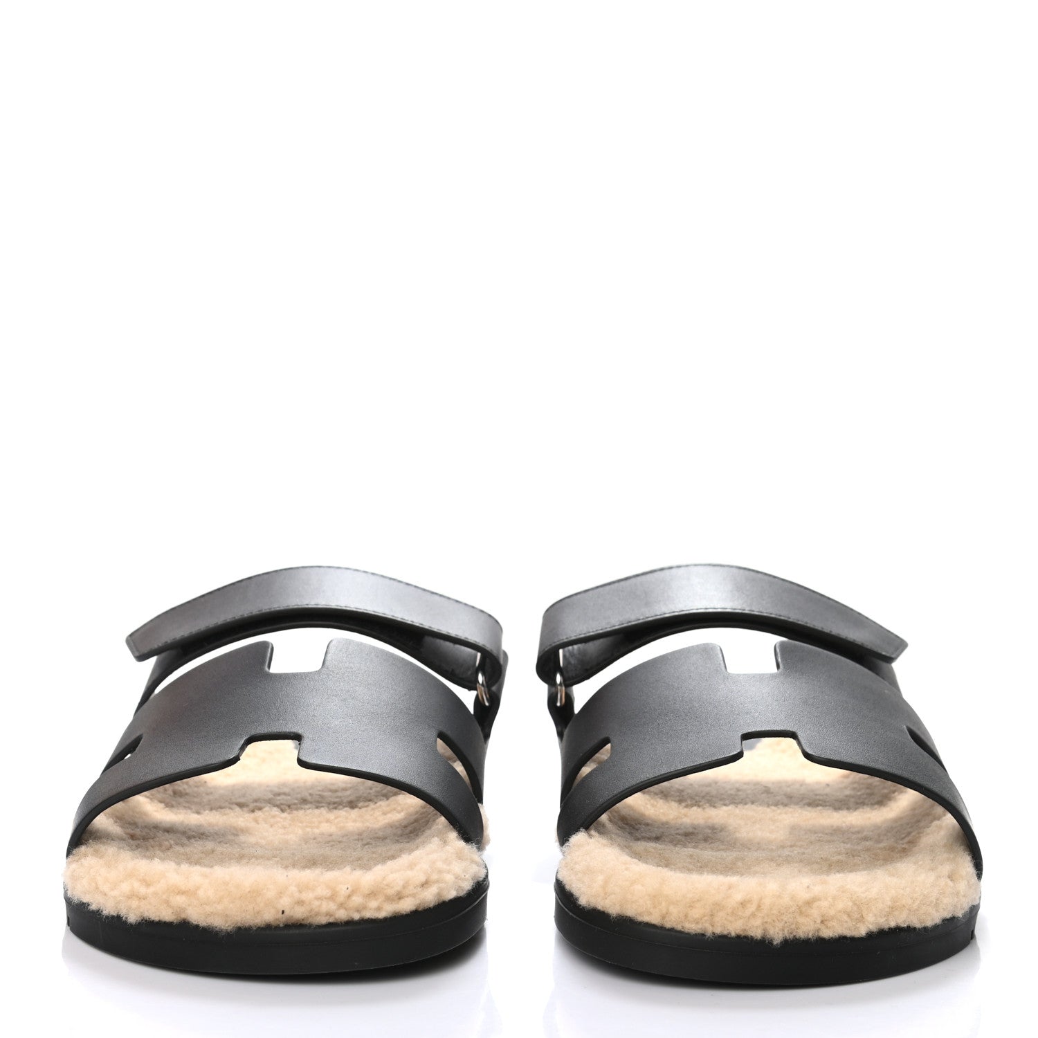 Hermes Veau Indios Woolskin Mens Chypre Sandals 42 Black Ecru 2 of 8