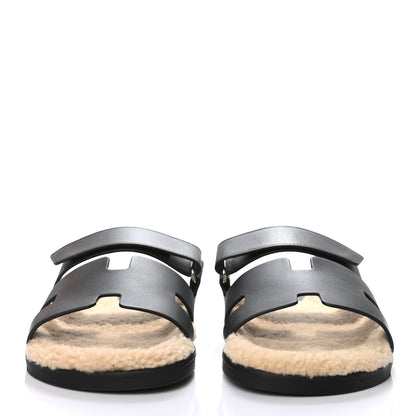 Hermes Veau Indios Woolskin Mens Chypre Sandals 42 Black Ecru 2 of 8