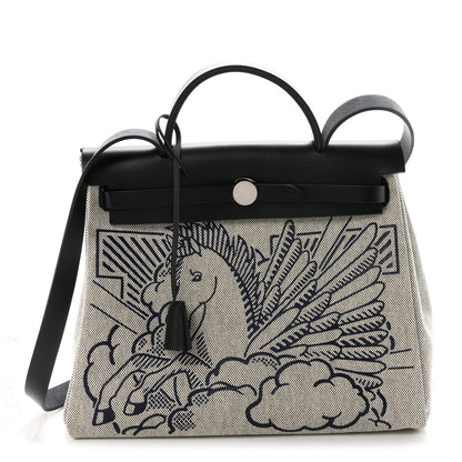 Hermes Vache Hunter Toile H Pegase Pop Herbag Zip Retourne 31 PM Bleu Indigo Ecru Black 1 of 12