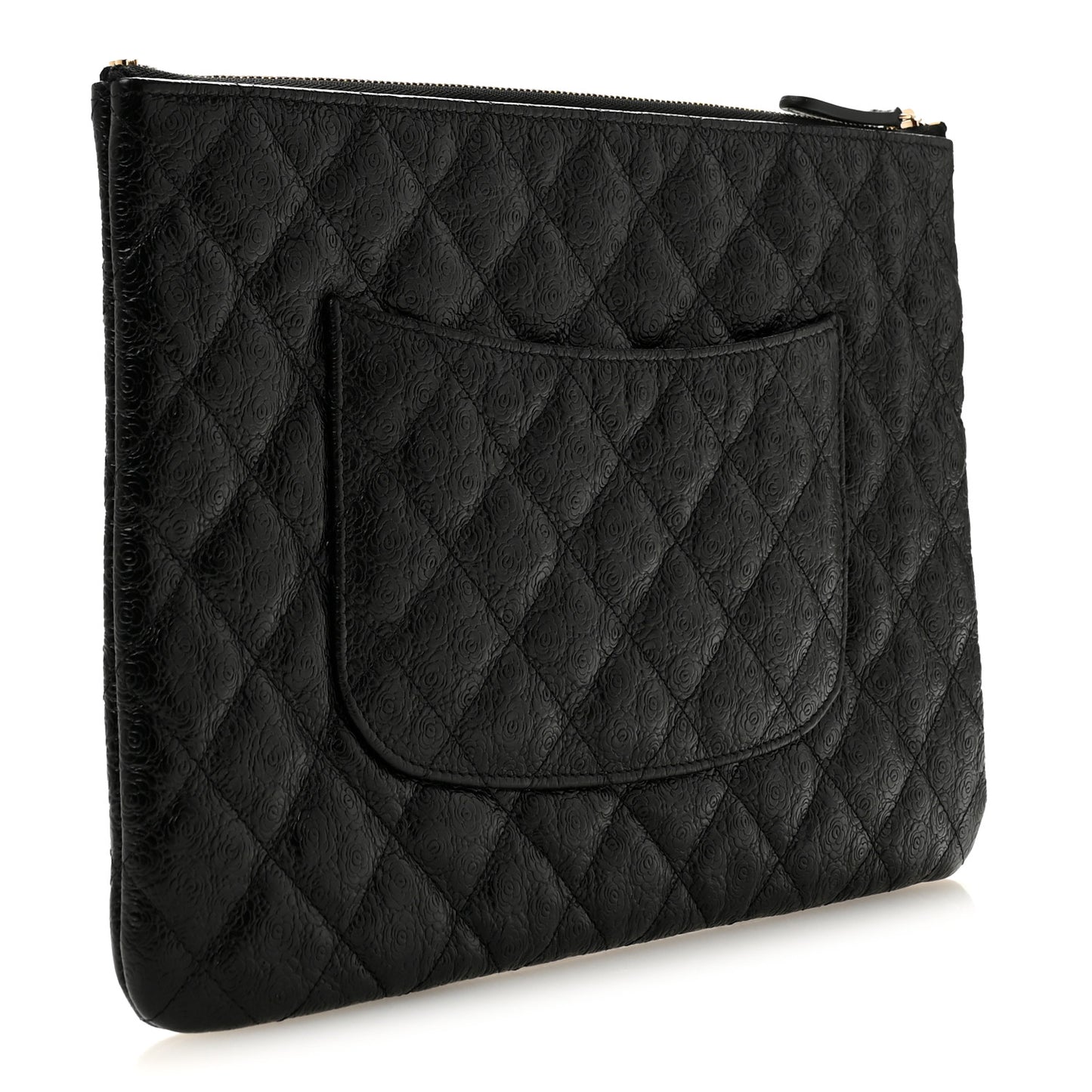 Calfskin Camellia Embossed Quilted Medium Cosmetic Case Black