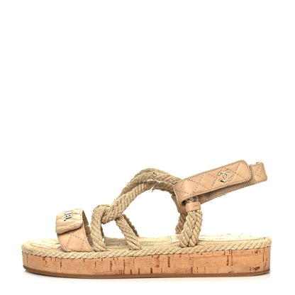 Chanel Cord Lambskin Quilted Logo Sandals 38 Beige 1 of 10