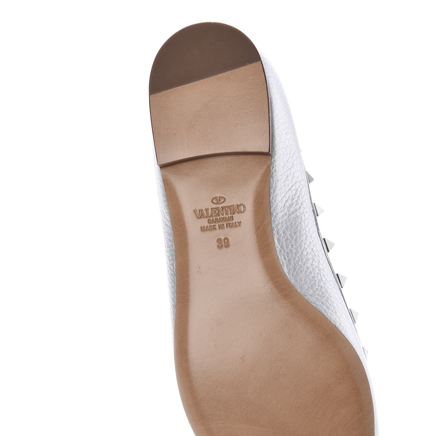 Metallic Pebbled Calfskin Rockstud Ballerina Flats 39 Silver