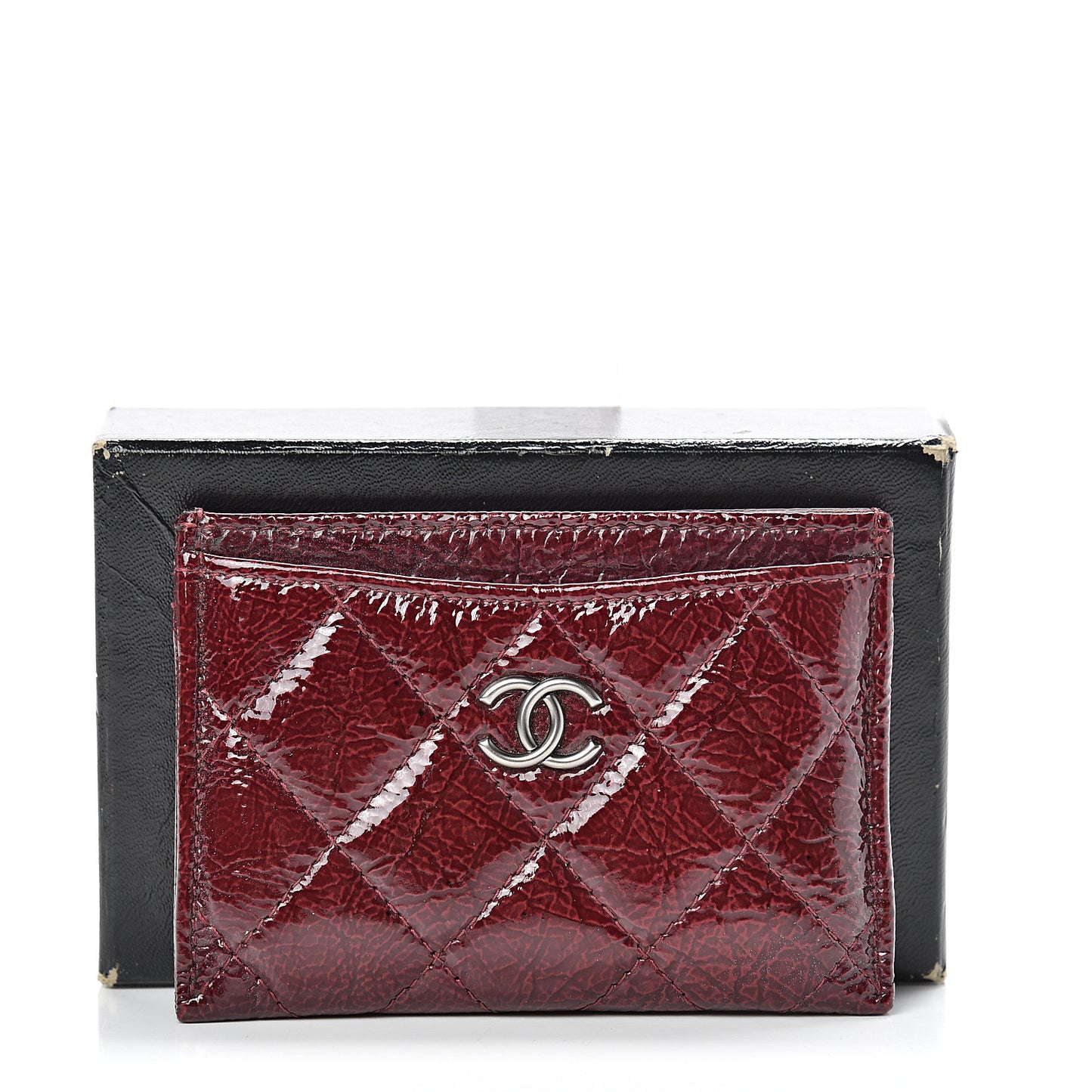 Distressed Patent Quilted Card Holder Bordeaux