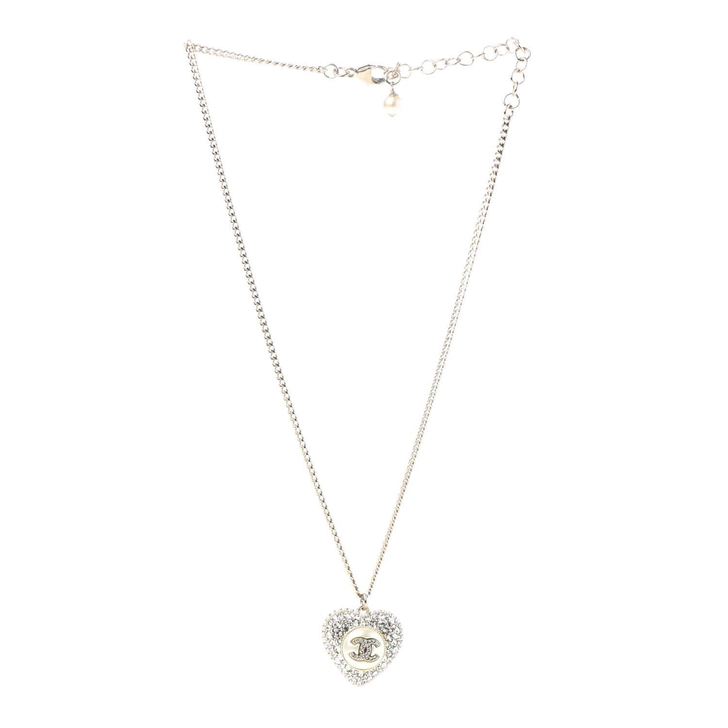 Chanel Pearl Crystal CC Heart Necklace Gold 3 of 6