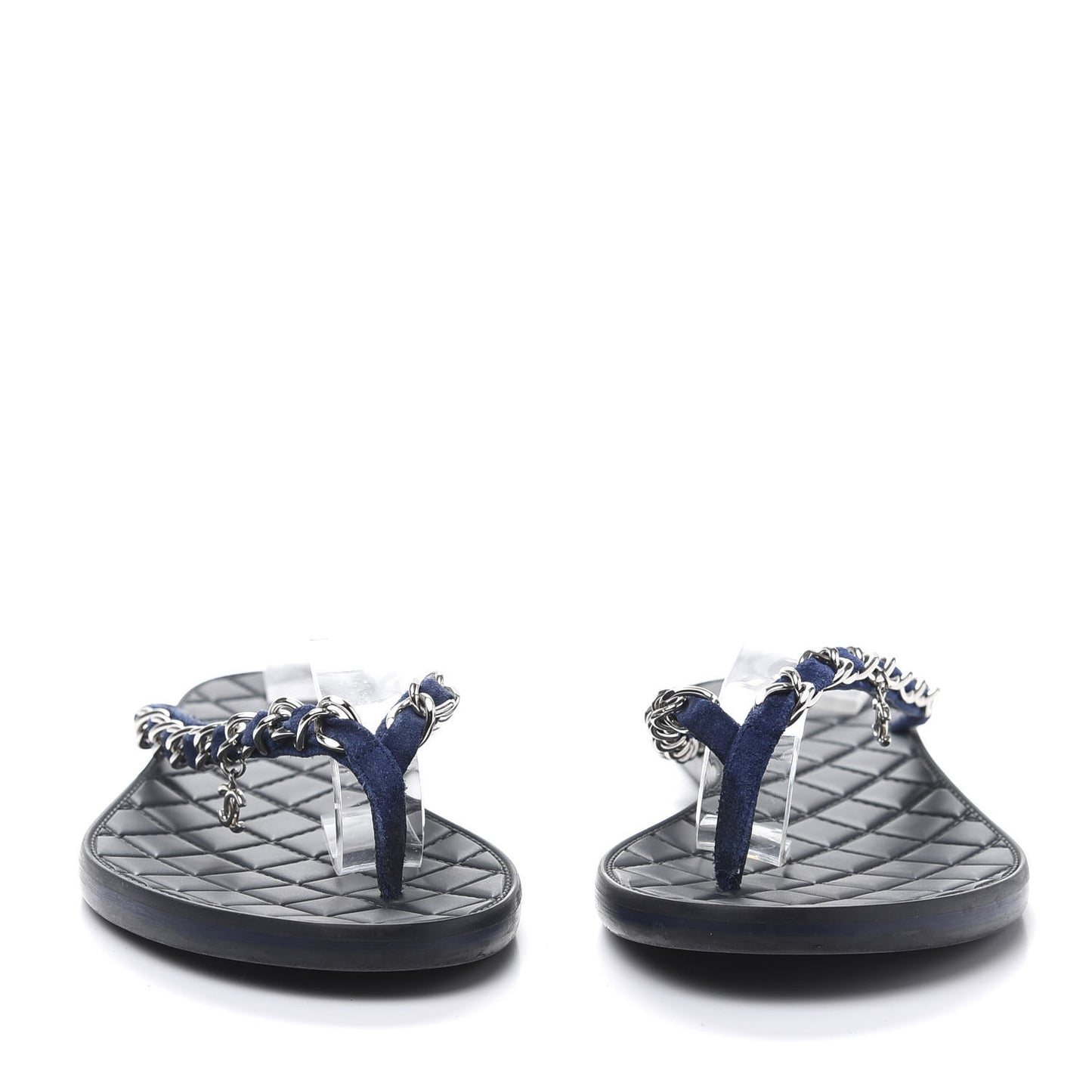Suede Calfskin Quilted Chain Thong Sandals 40.5 Navy Blue