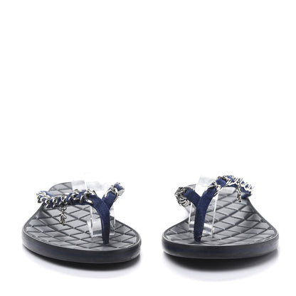 Chanel Suede Calfskin Quilted Chain Thong Sandals 40.5 Navy Blue 2 of 7